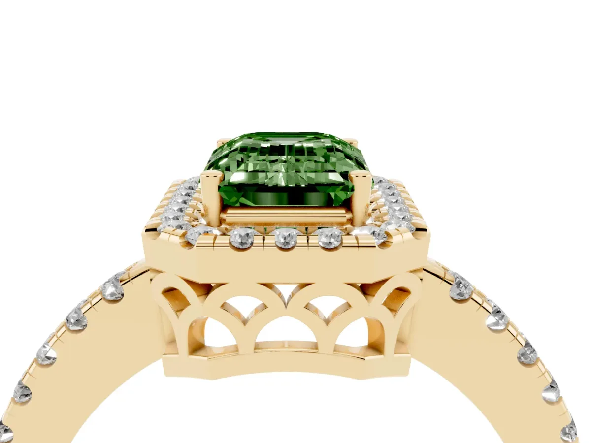 Fancy Green Emerald Cut Halo Diamond Engagement Ring with Pavé Band and Four-Prong Setting Yellow gold