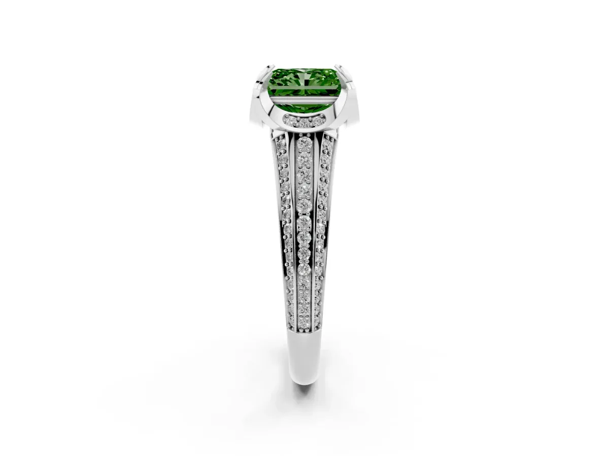 Fancy Green Radiant Cut Solitaire Pave Split Shank Ring with Four-Prong Setting Silver