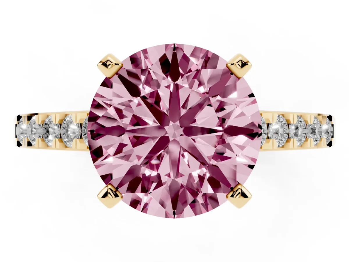 Fancy Pink Round Cut Diamond Solitaire Ring with Crossover Gallery and Round Pavé Band Yellow gold