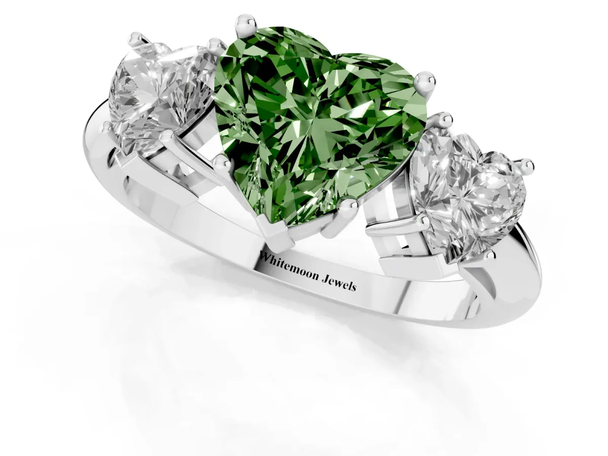 Fancy Green Three-Stone Heart Cut Cut Diamond Engagement Ring with Prong Setting on a White Gold Band White gold