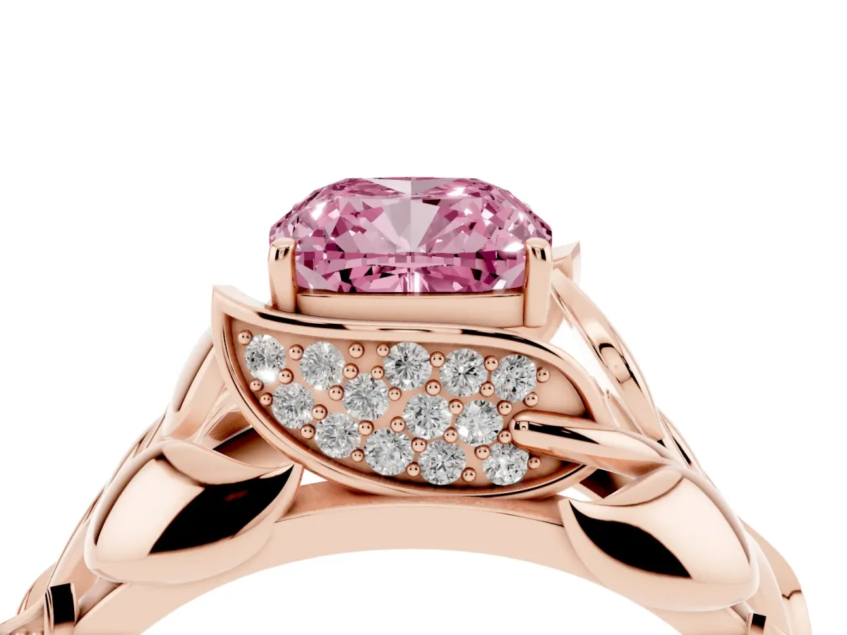Fancy Pink Cushion Cut Diamond Leaf-Inspired Engagement Ring with Round Accents and Prong Setting Rose gold