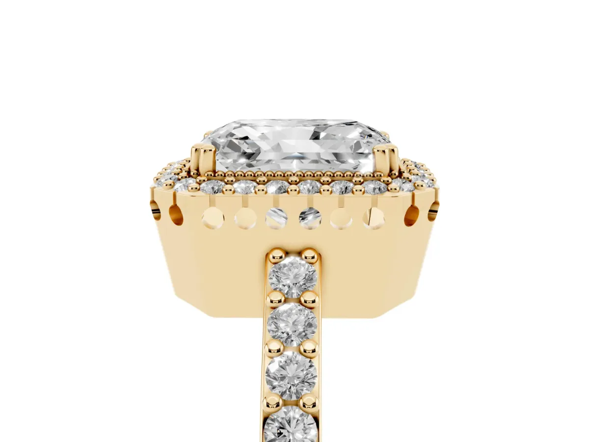 Radiant Cut Cut Diamond Halo Engagement Ring with Milgrain Detail and Pavé Band Yellow gold