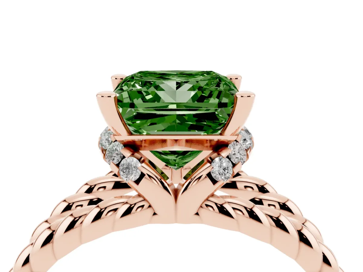 Fancy Green Princess Cut Halo Twisted Band Four-Prong Ring Rose gold