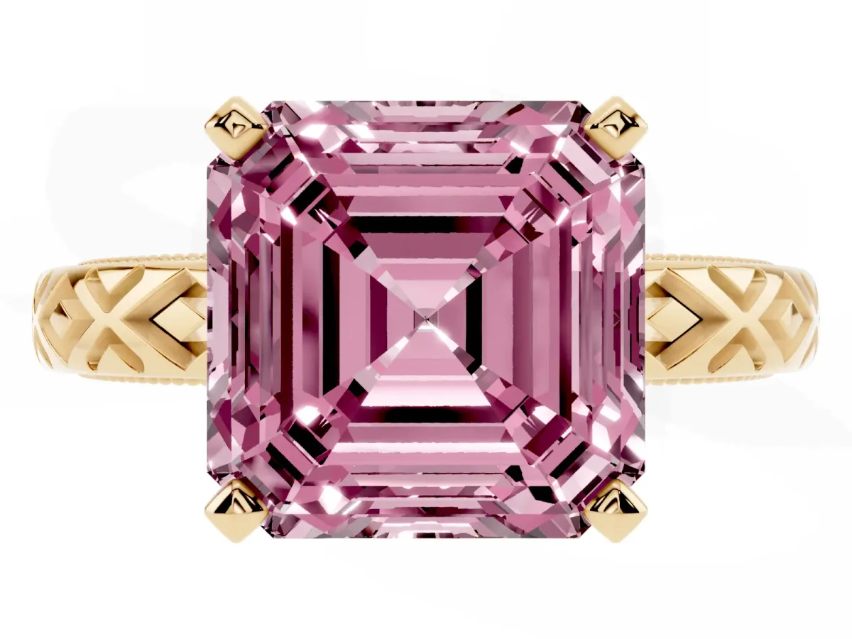 Fancy Pink Asscher Cut Solitaire Diamond Ring with Milgrain and Black Enamel X Pattern Band Yellow gold