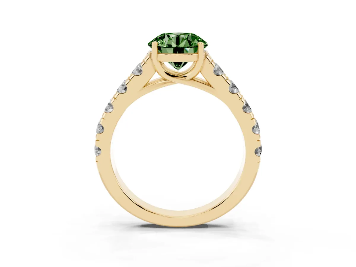 Fancy Green Round Cut Cut Diamond Solitaire Ring with Micro Pave Band and Prong Setting Yellow gold
