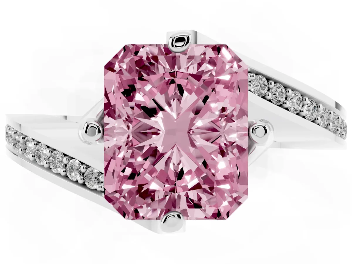 Fancy Pink Radiant Cut Solitaire Diamond Twist Band with Pavé Setting and Four-Prong Setting Silver