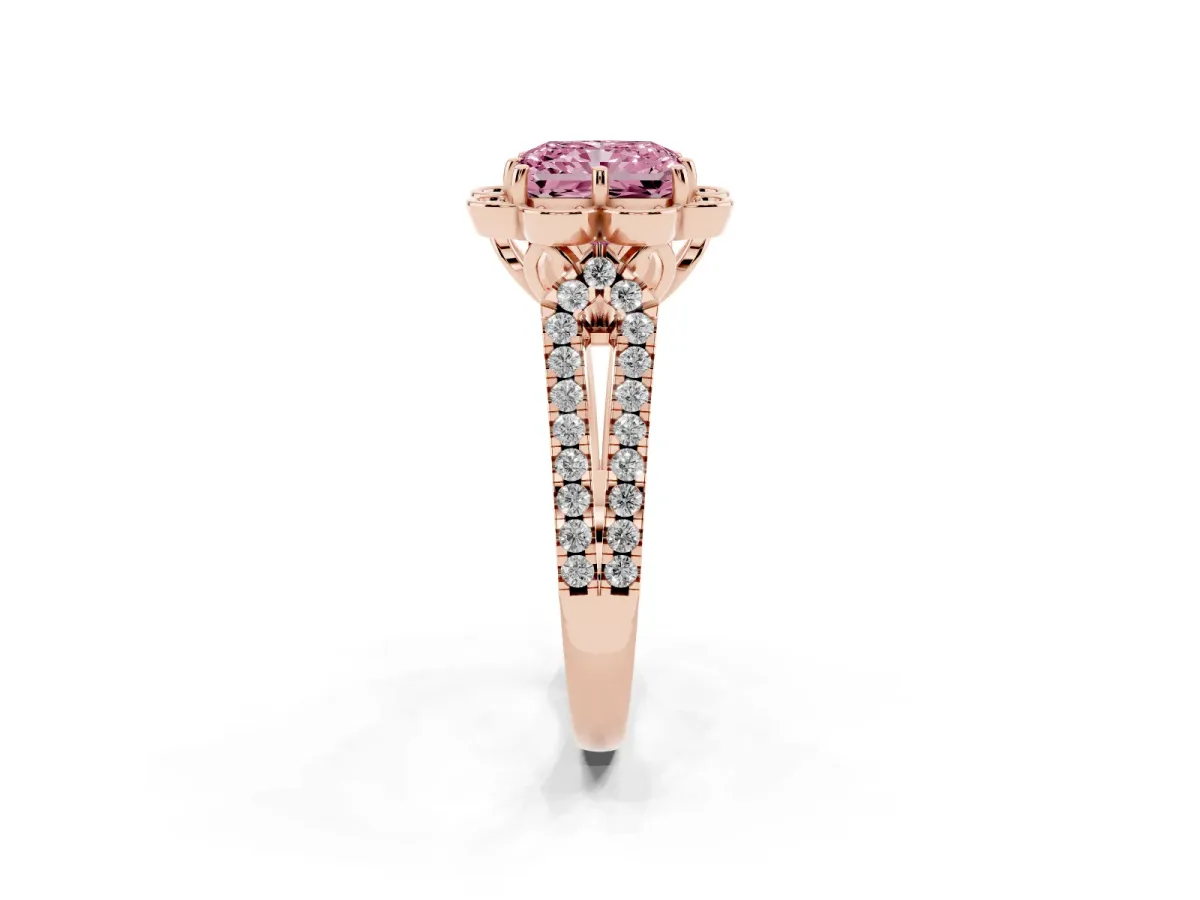 Fancy Pink Radiant Cut Halo Diamond Floral Split Shank Engagement Ring Rose gold