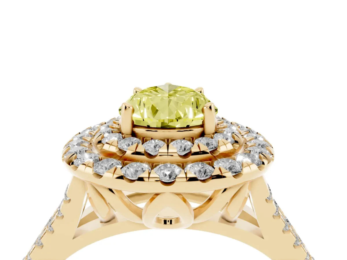 Fancy Yellow Double Halo Pear Cut Diamond Pavé Split Shank Ring with Prong Setting Yellow gold