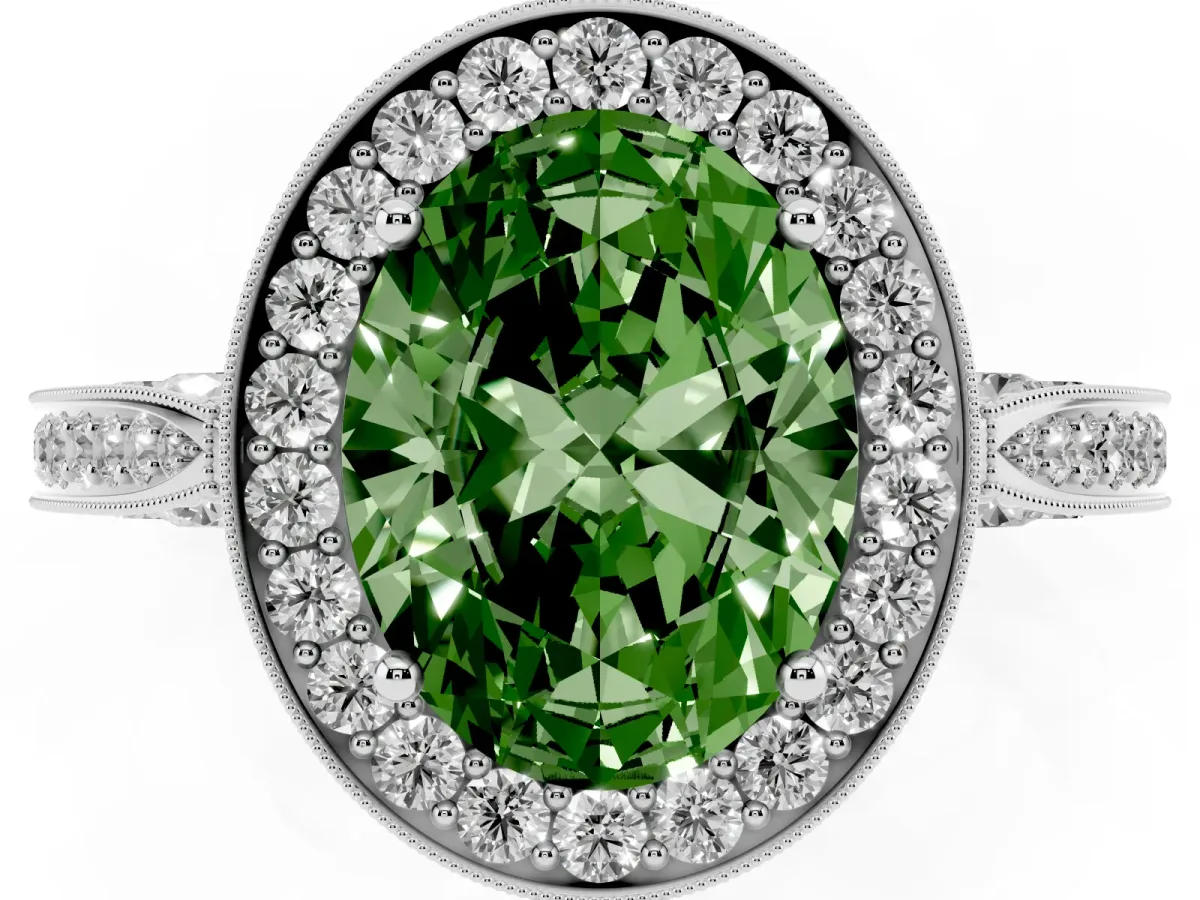 Fancy Green Oval Cut Halo Diamond Engagement Ring with Split Shank Band and Four-Prong Setting Silver