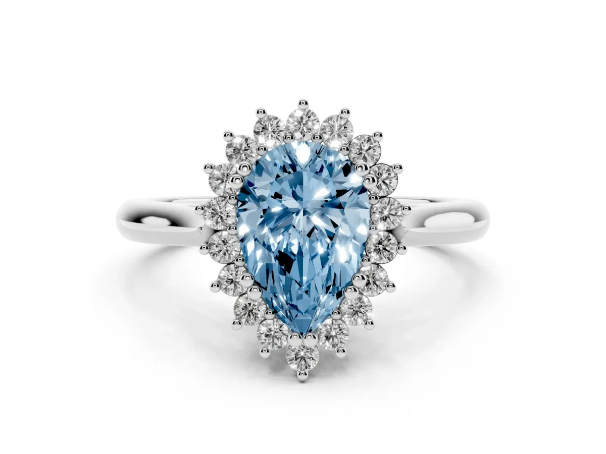 Fancy Blue Pear Cut Cut Diamond Halo Ring with Solitaire Band and Prong Setting Platinum