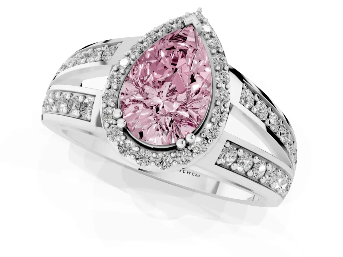 Fancy Pink Pear Cut Diamond Halo Ring with Split Shank Pavé Band and Four-Prong Setting Silver