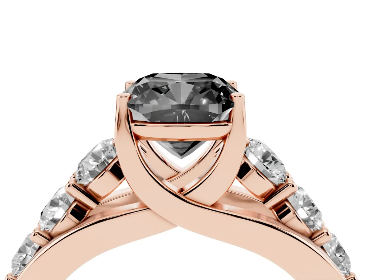 Fancy Black Cushion Cut Diamond Engagement Ring with Pavé Band and Four-Prong Setting Rose gold