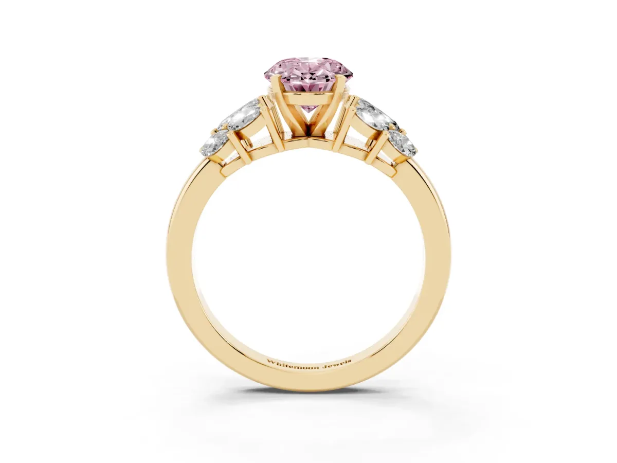 Fancy Pink Oval Cut Diamond Cluster Leaf Design Ring with Prong Setting Yellow gold