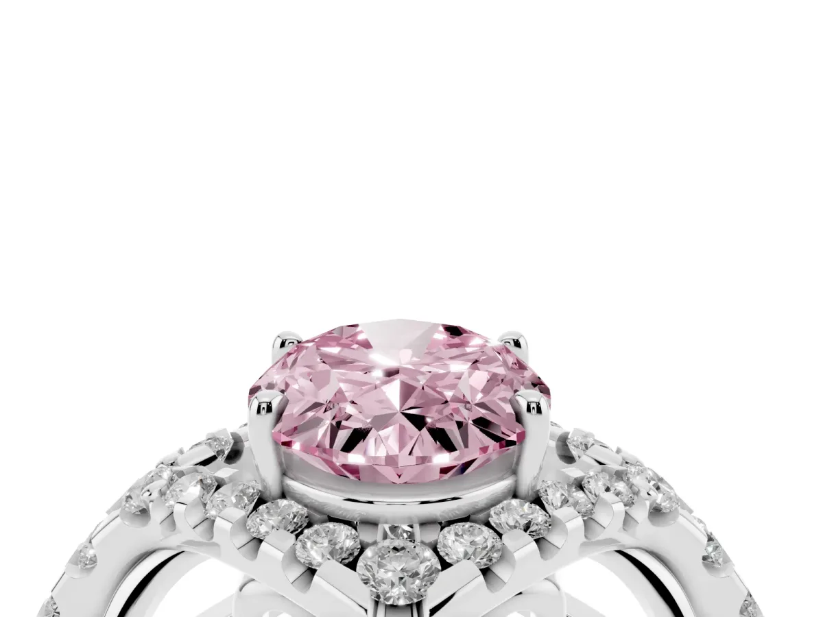 Fancy Pink Oval Cut Diamond Solitaire Ring with Hidden Halo and Pavé Band Platinum