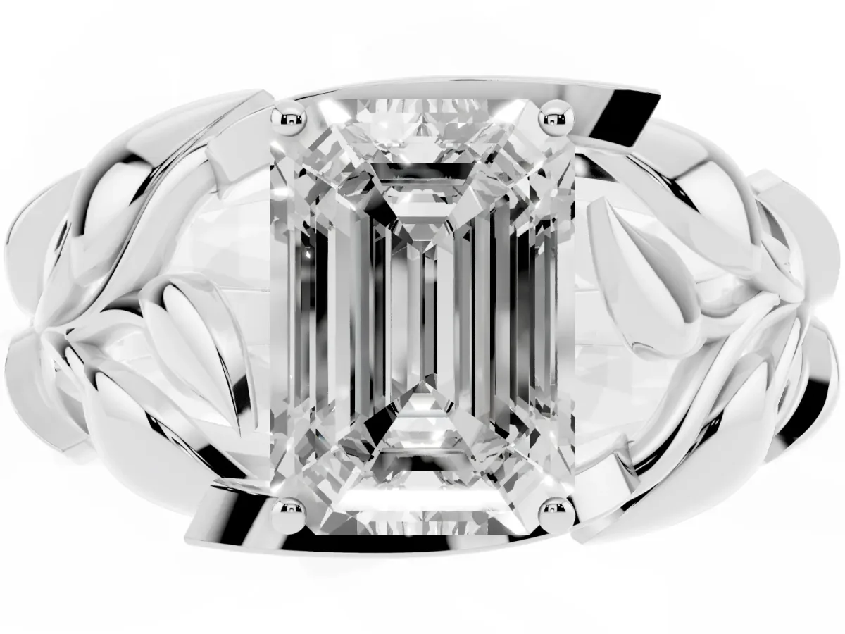Emerald Cut Diamond Leaf-Inspired Engagement Ring with Round Accents and Prong Setting Silver