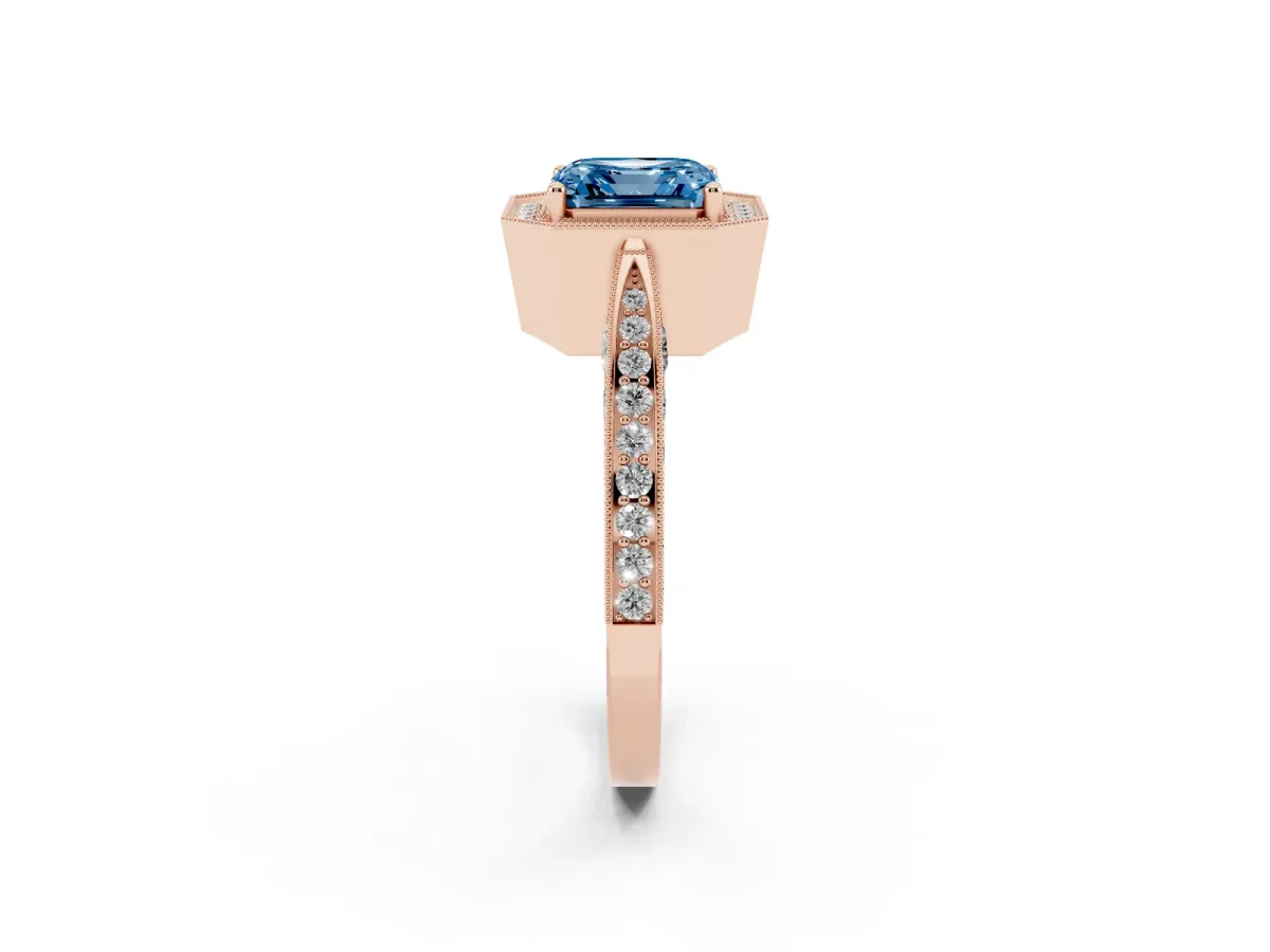 Fancy Blue Asscher Cut Halo Diamond Engagement Ring with Split Shank Band and Four-Prong Setting Rose gold