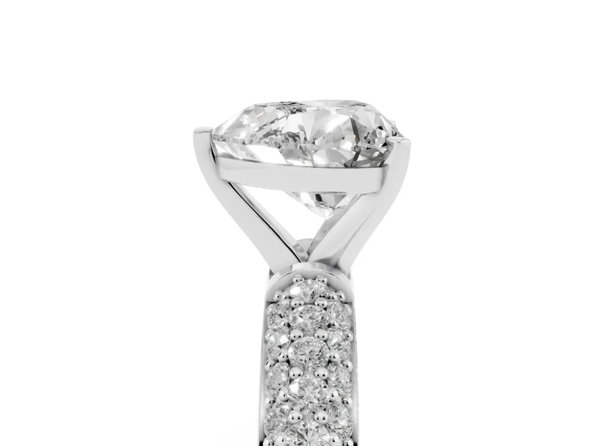 Heart Cut Diamond Solitaire Ring with Prong Setting and Pavé Band Silver