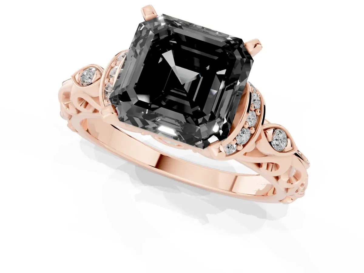 Fancy Black Asscher Cut Diamond Solitaire Ring with Filigree Band and Four-Prong Setting Rose gold