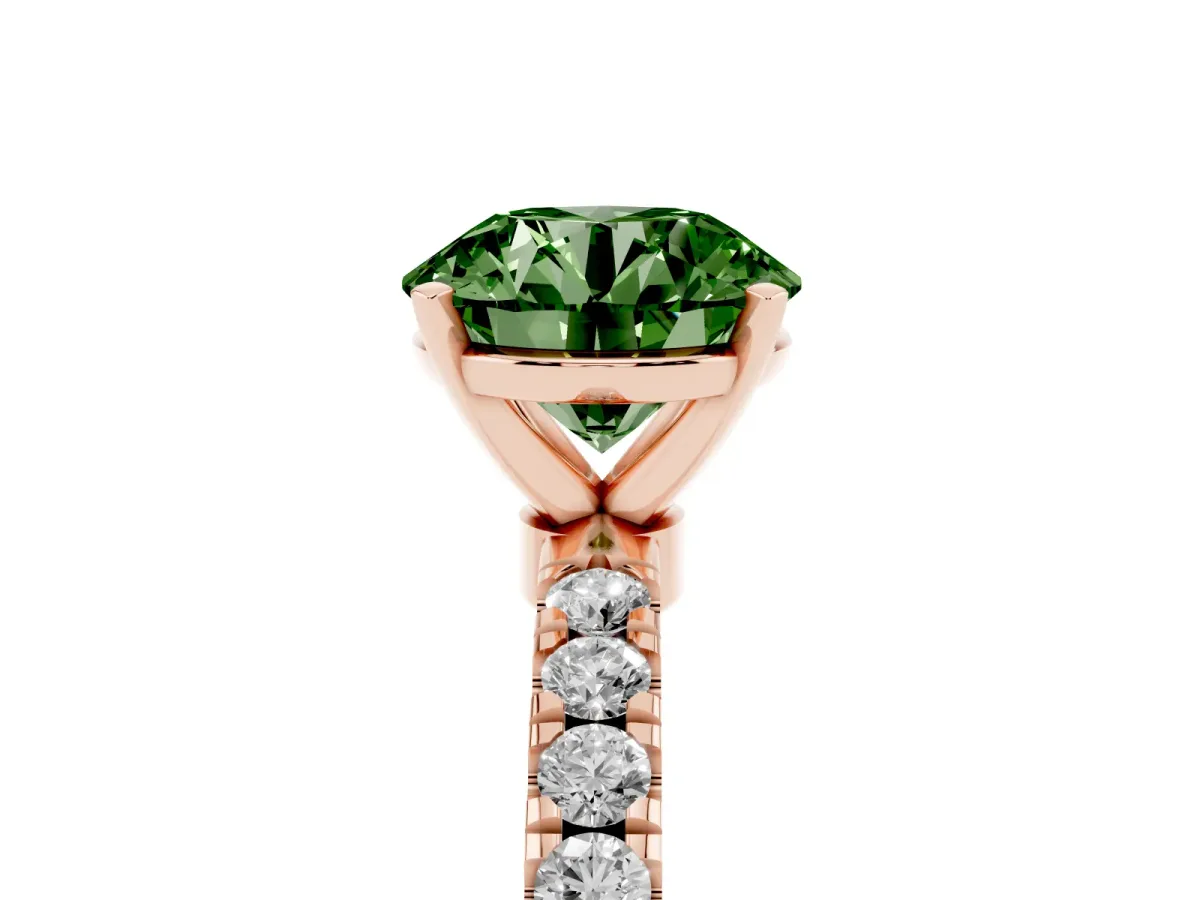 Fancy Green Round Cut Diamond Solitaire Ring with Pavé Accents and Four-Prong Setting Rose gold