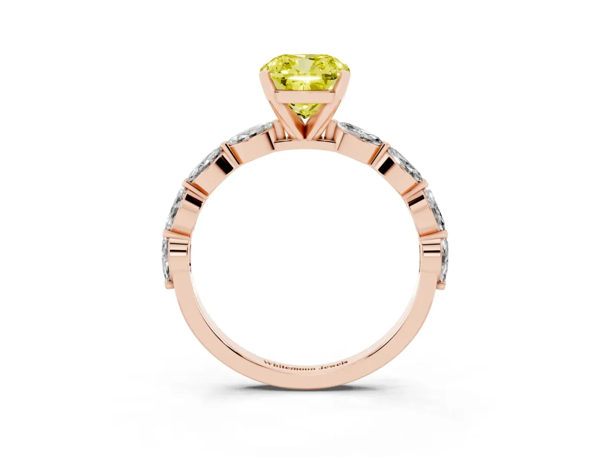 Fancy Yellow Cushion Cut Diamond Ring with Marquise Side Stones and Prong Setting Rose gold