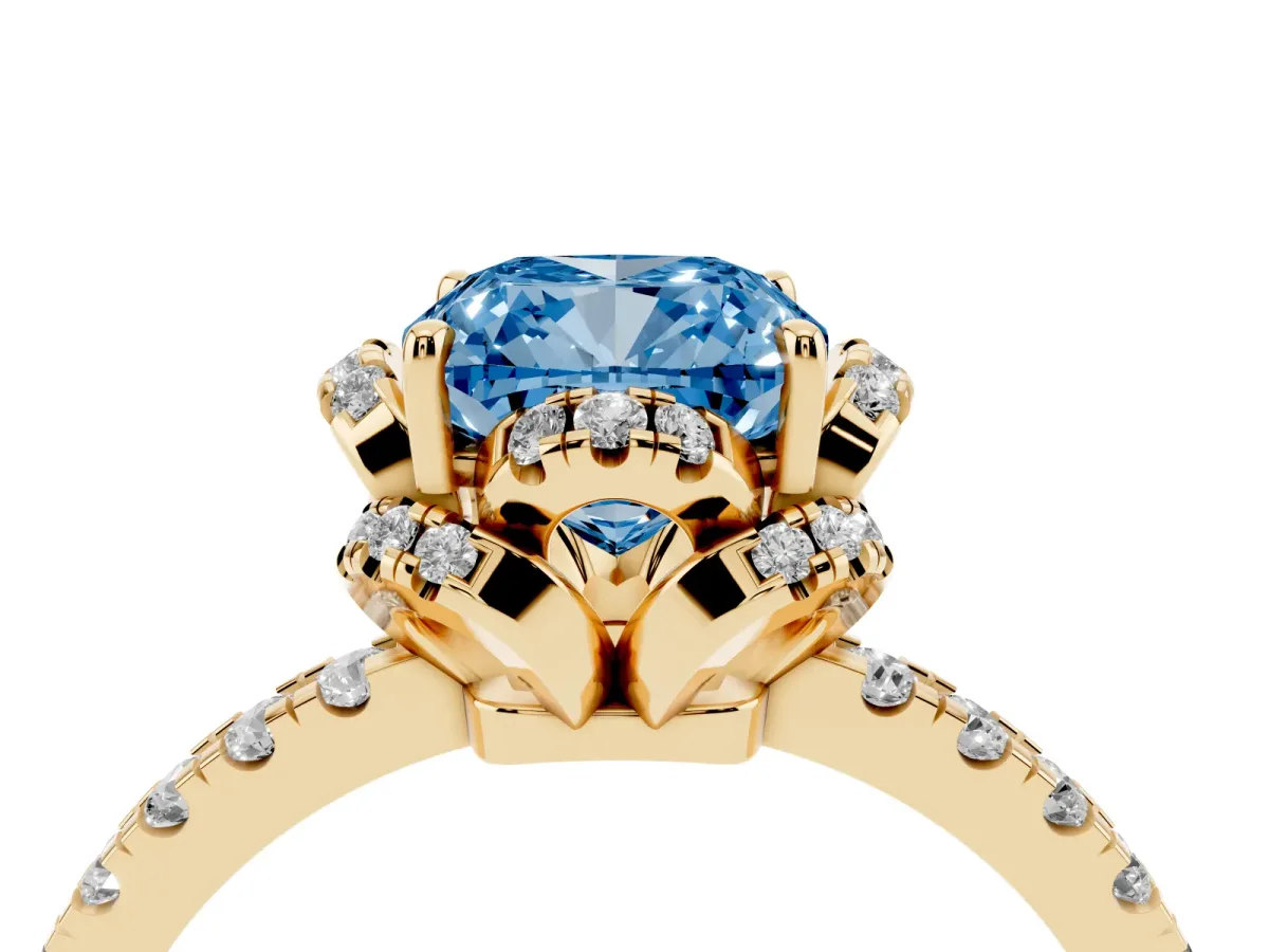 Fancy Blue Cushion Cut Halo Diamond Pave Band Ring with Four-Prong Setting Yellow gold