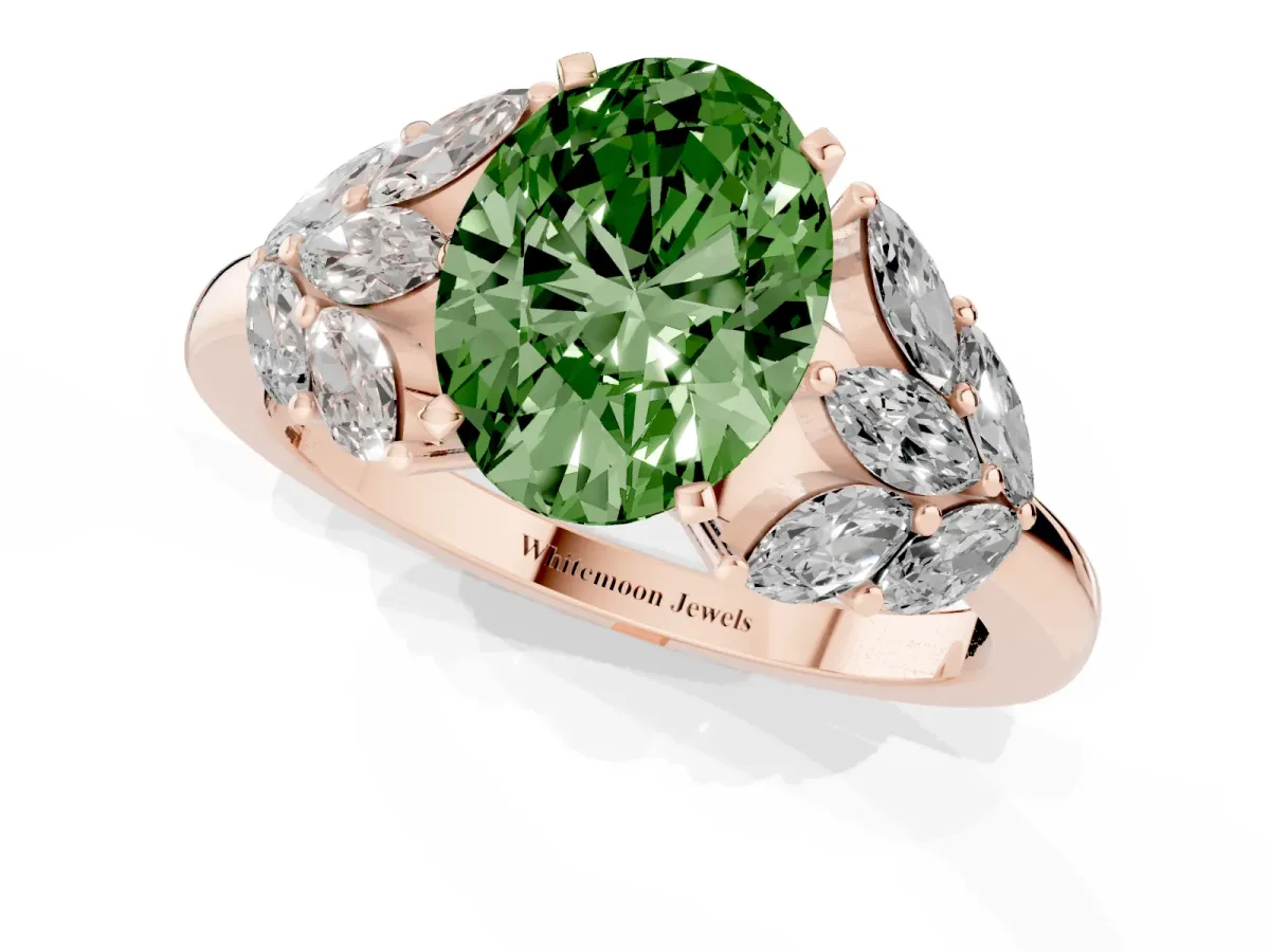 Fancy Green Oval Cut Diamond Cluster Leaf Design Ring with Prong Setting Rose gold