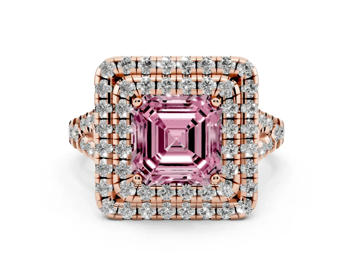 Fancy Pink Double Halo Asscher Cut Diamond Pavé Split Shank Ring with Prong Setting Rose gold