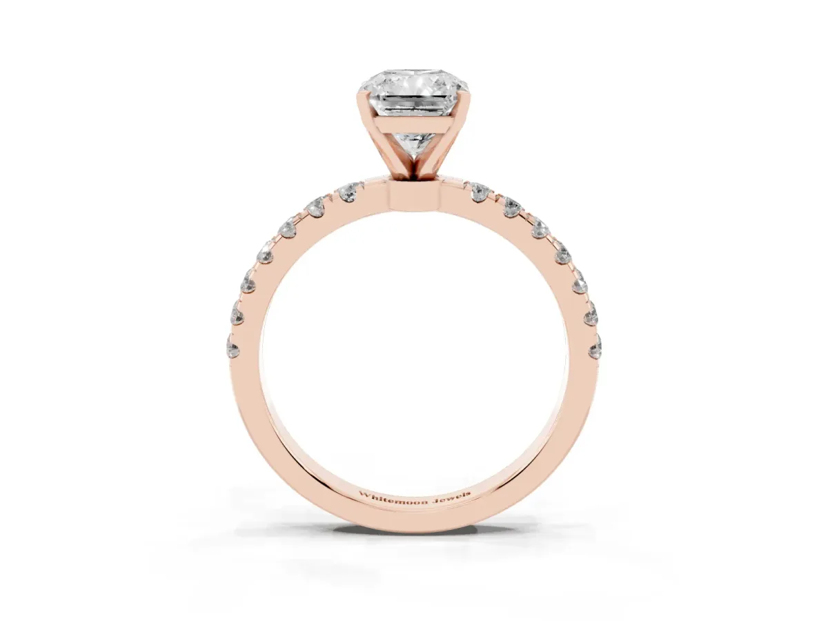 Radiant Cut Diamond Solitaire Ring with Pavé Accents and Four-Prong Setting Rose gold