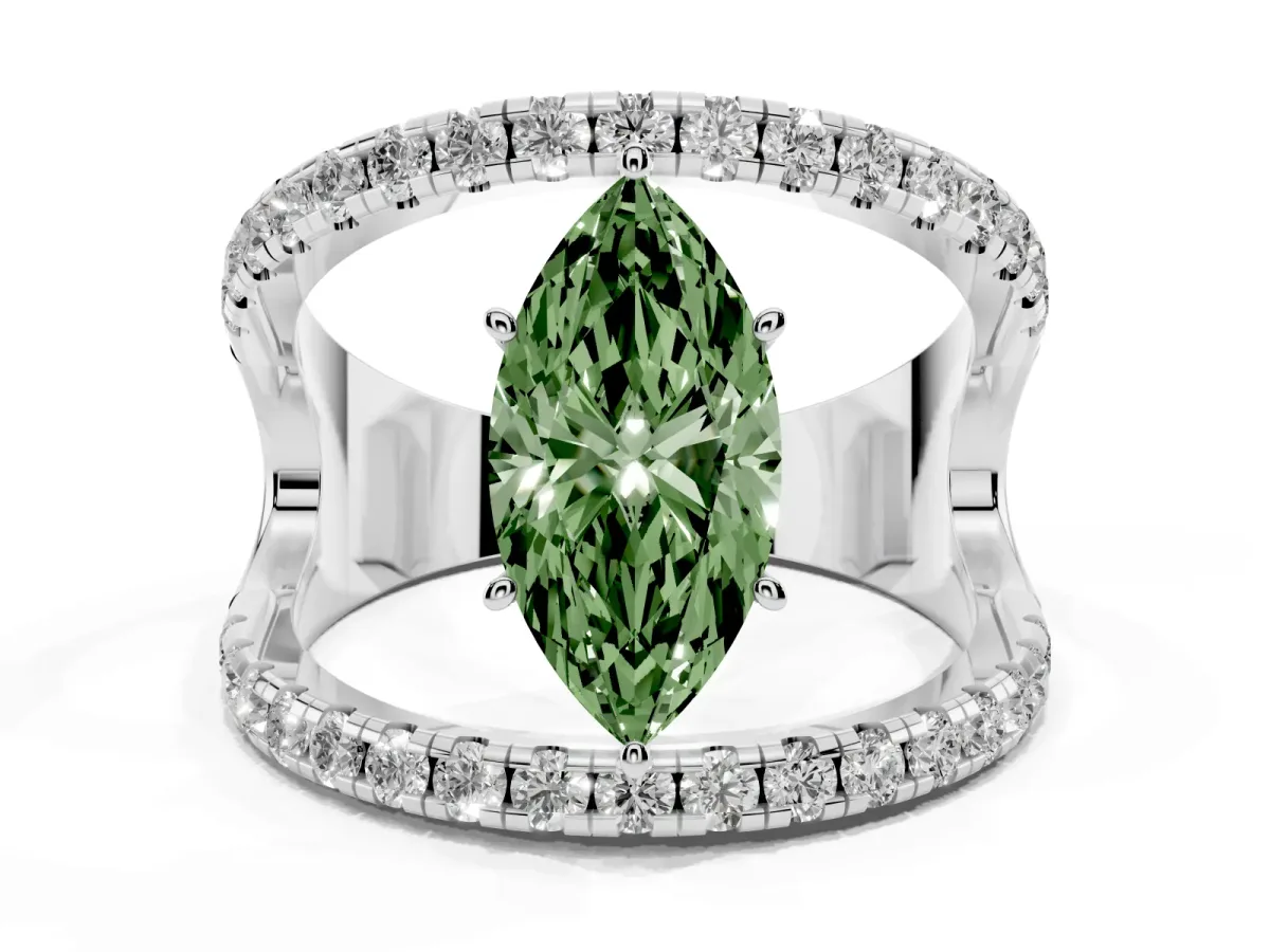 Fancy Green Marquise Cut Solitaire Split Shank Pave Diamond Ring Silver