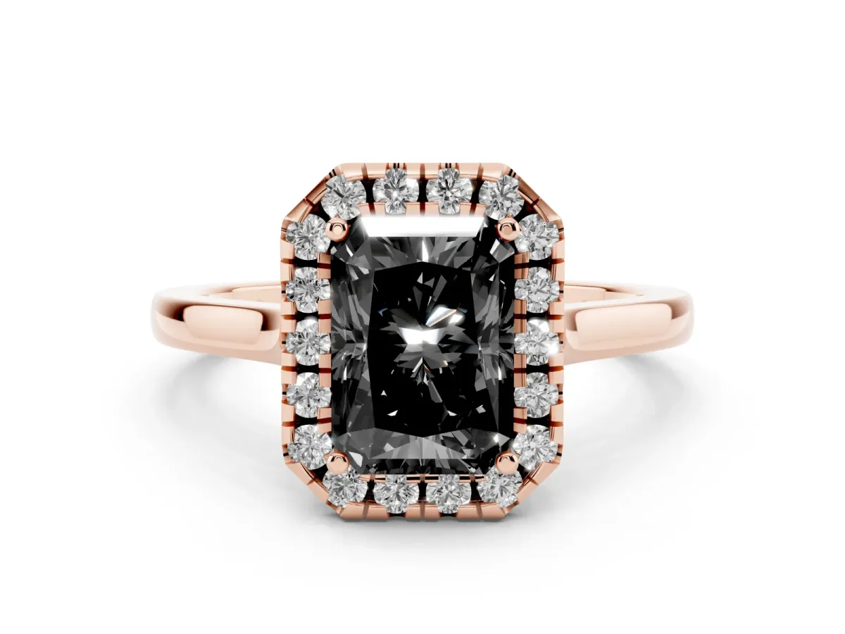 Fancy Black Radiant Cut Halo Round Diamond Solitaire Ring with Pavé Band and Four-Prong Setting Rose gold