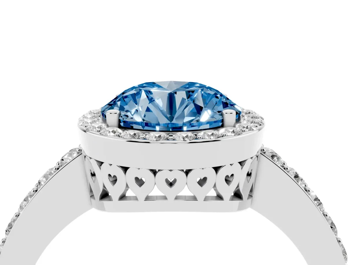 Fancy Blue Round Cut Halo Diamond Pavé Band Ring with Prong Setting Silver