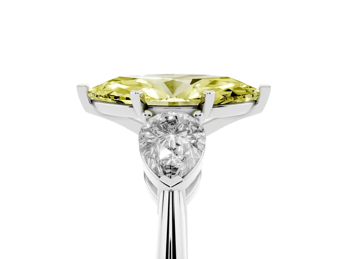 Fancy Yellow Three-Stone Marquise Cut Diamond Ring with Pear Side Stones and Four-Prong Setting Platinum