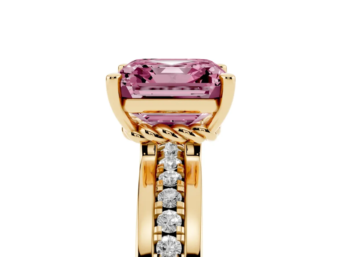 Fancy Pink Asscher Cut Solitaire Diamond Ring with Channel Set Band and Six-Prong Setting Yellow gold