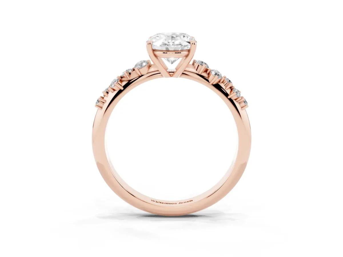 Oval Cut Diamond Cluster Side Stone Solitaire Ring with Prong Setting Rose gold