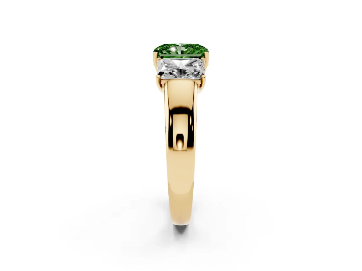 Fancy Green Three-Stone Radiant Cut Cut Diamond Ring with Prong Setting and Classic Band Yellow gold