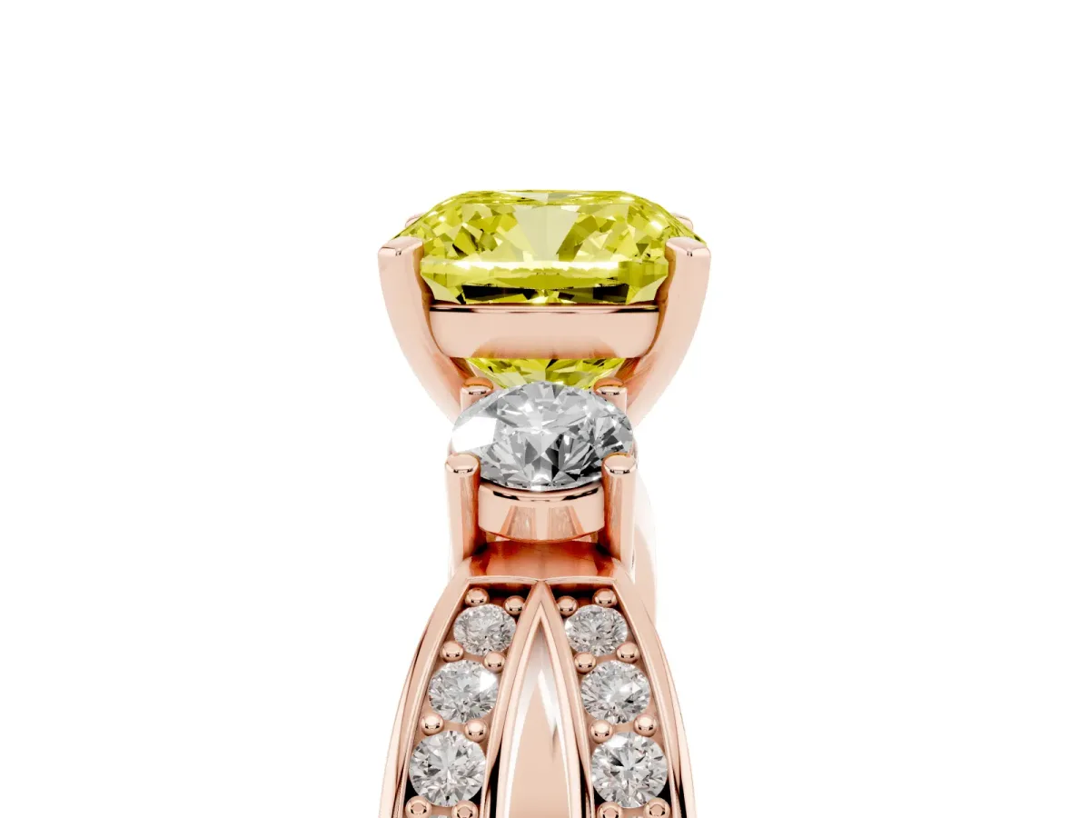 Fancy Yellow Three-Stone Cushion Cut Cut Diamond Twist Band with Prong Setting Rose gold