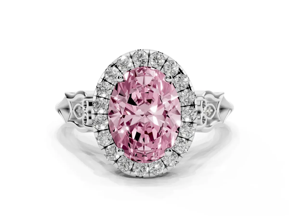 Fancy Pink Oval Cut Halo Diamond Engagement Ring with Filigree Band and Four-Prong Setting White gold