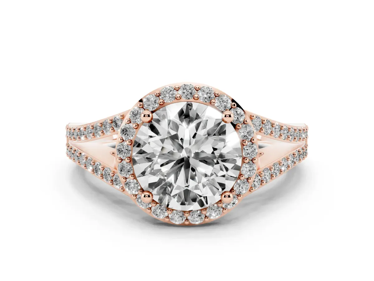 Round Cut Halo Split Shank Pave Diamond Ring with Four-Prong Setting Rose gold