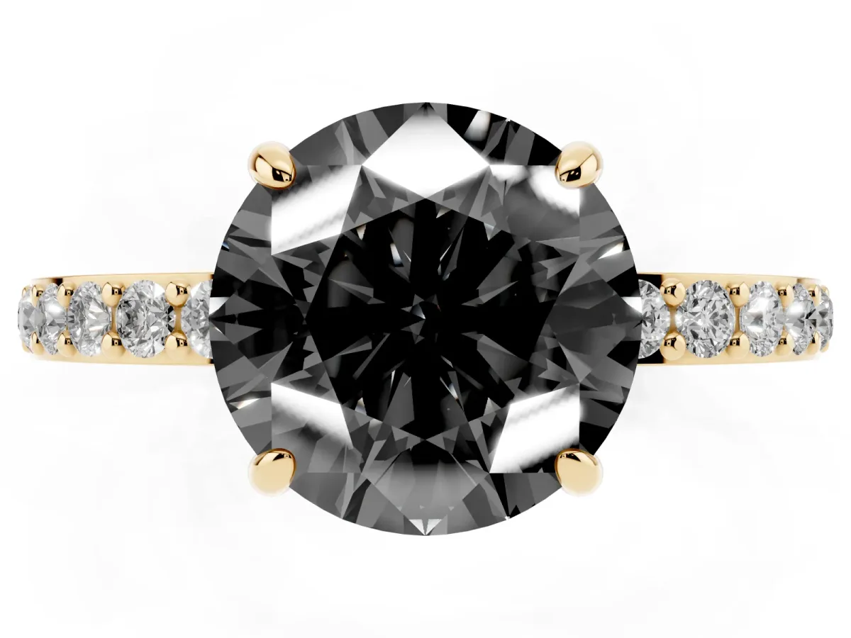 Fancy Black Round Cut Diamond Pavé Engagement Ring with Round Accents and Prong Setting Yellow gold