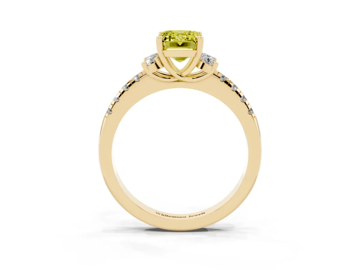 Fancy Yellow Emerald Cut Diamond Three-Stone Pave Band with Four-Prong Setting Yellow gold