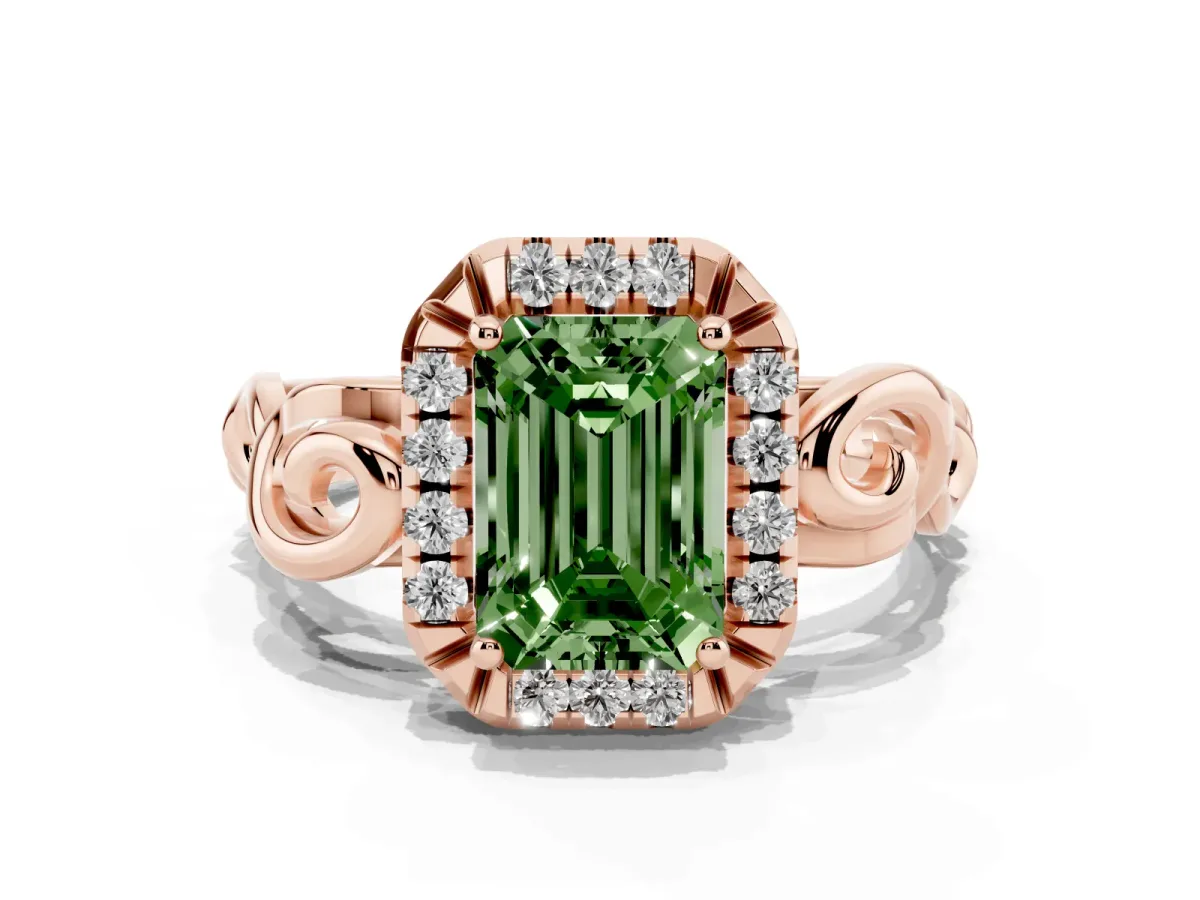 Fancy Green Emerald Cut Cut Halo Diamond Ring with Scrollwork Band and Four-Prong Setting Rose gold