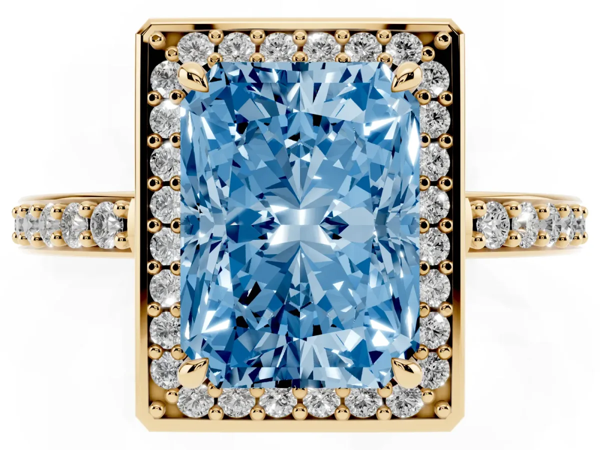 Fancy Blue Radiant Cut Halo Pave Band Solitaire Ring with Prong Setting Yellow gold