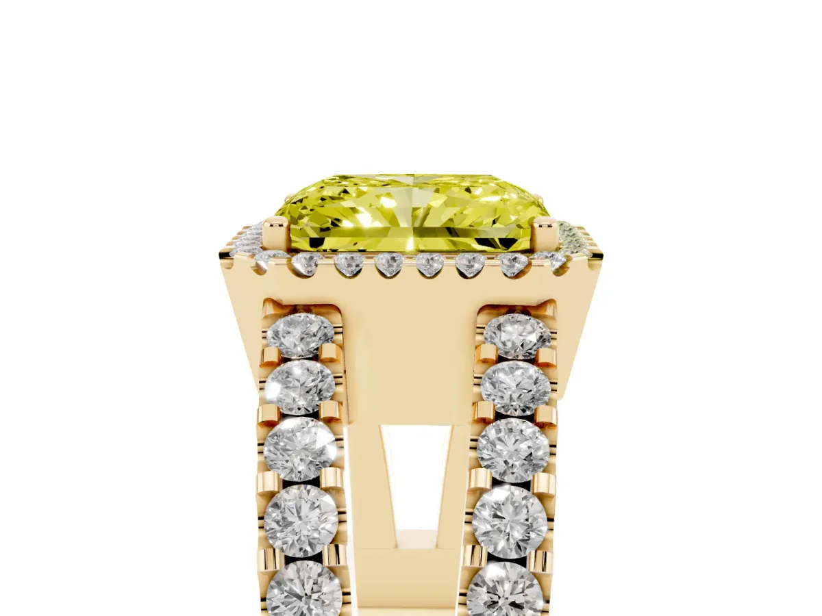 Fancy Yellow Radiant Cut Cut Halo Split Shank Diamond Ring with Four-Prong Setting Yellow gold