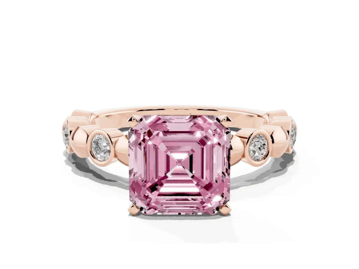 Fancy Pink Asscher Cut Solitaire Bezel-Set Diamond Ring with Beaded Band and Four-Prong Setting Rose gold