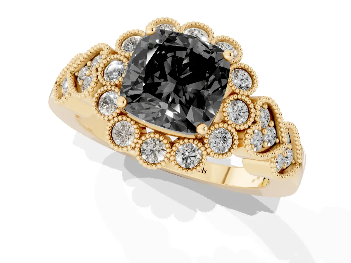 Fancy Black Cushion Cut Brilliant Milgrain Pave Heart Band Solitaire Ring Yellow gold