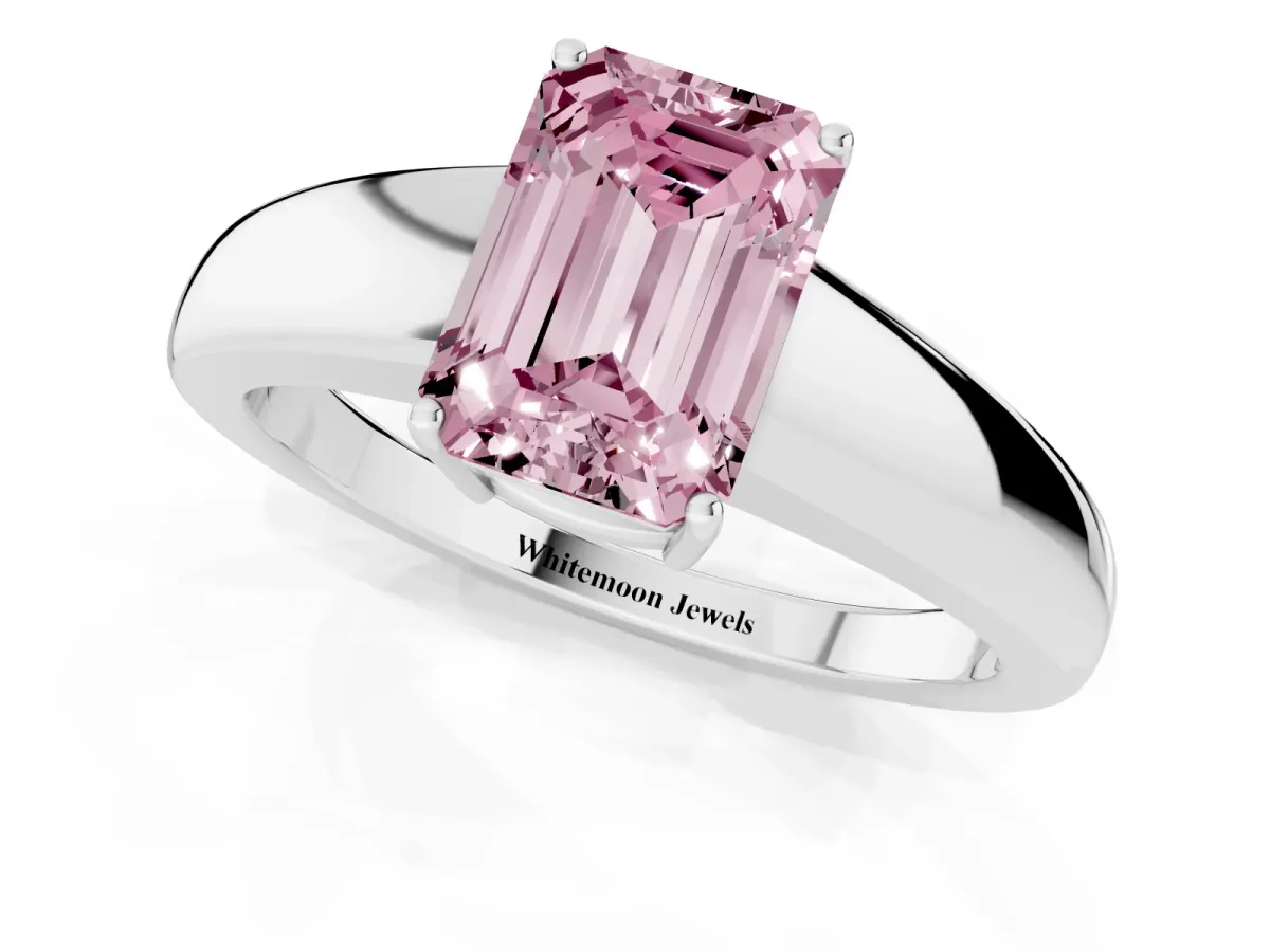 Fancy Pink Emerald Cut Solitaire Diamond Ring with Tapered Band and Four-Prong Setting White gold