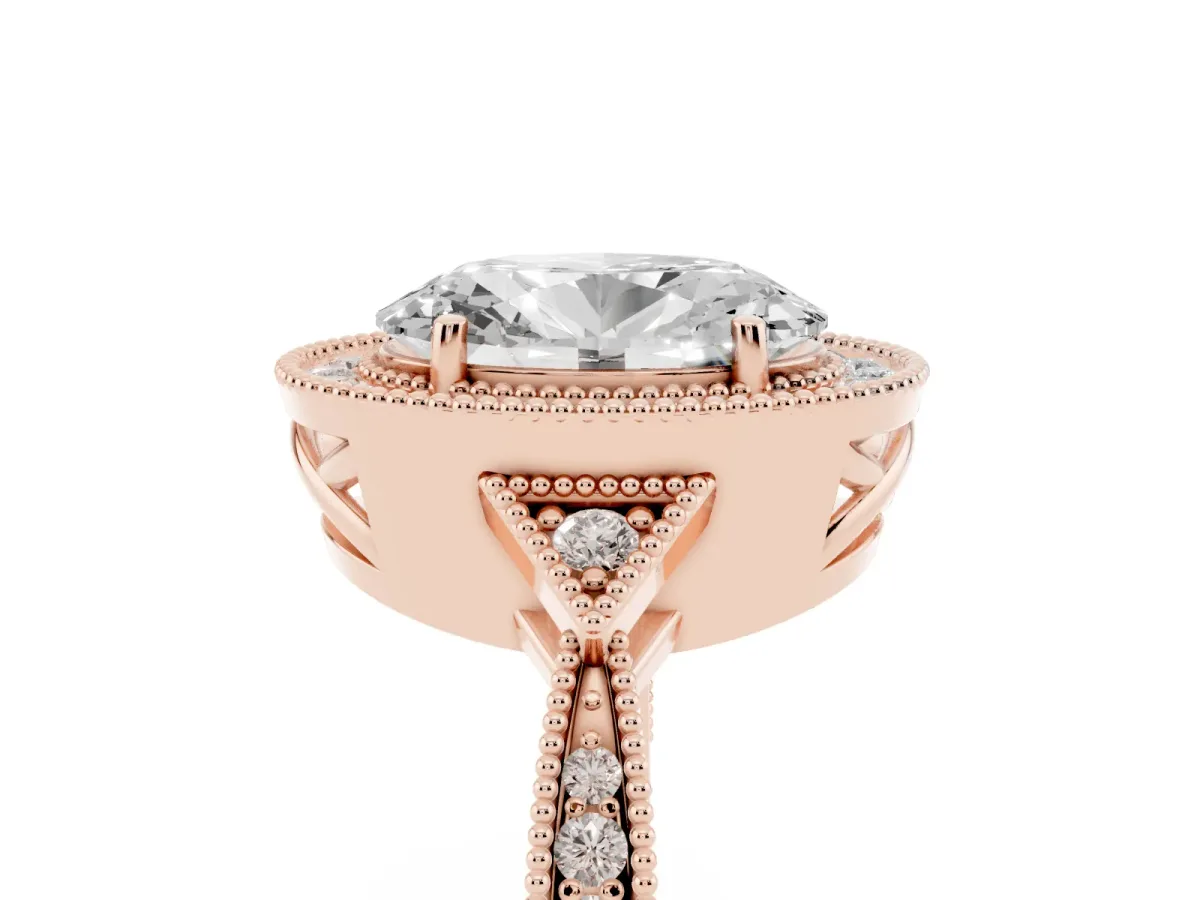 Oval Cut Halo Round Diamond Milgrain Pave Engagement Ring Rose gold