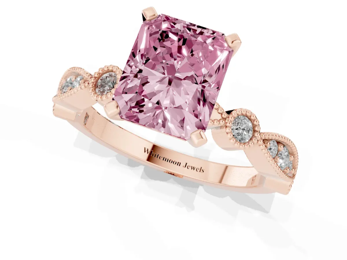 Fancy Pink Radiant Cut Milgrain Bezel Diamond Engagement Ring with Solitaire Prong Setting Rose gold