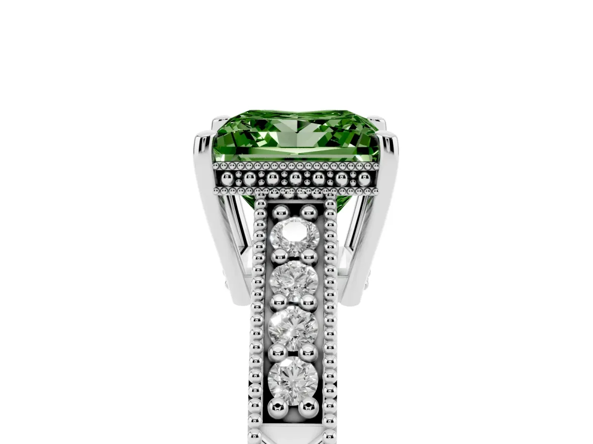 Fancy Green Princess Cut Solitaire Pavé Diamond Milgrain Engagement Ring with Four-Prong Setting Silver