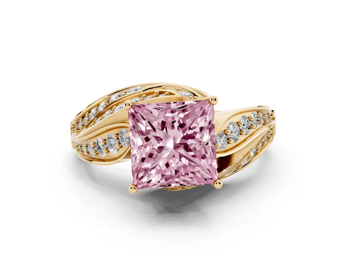 Fancy Pink Princess Cut Diamond Solitaire Ring with Prong Setting and Twisted Pavé Band Yellow gold